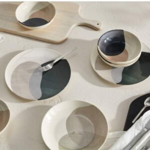 Home trends Dinnerware, one Set 12 pieces, Black & Grey stripe.